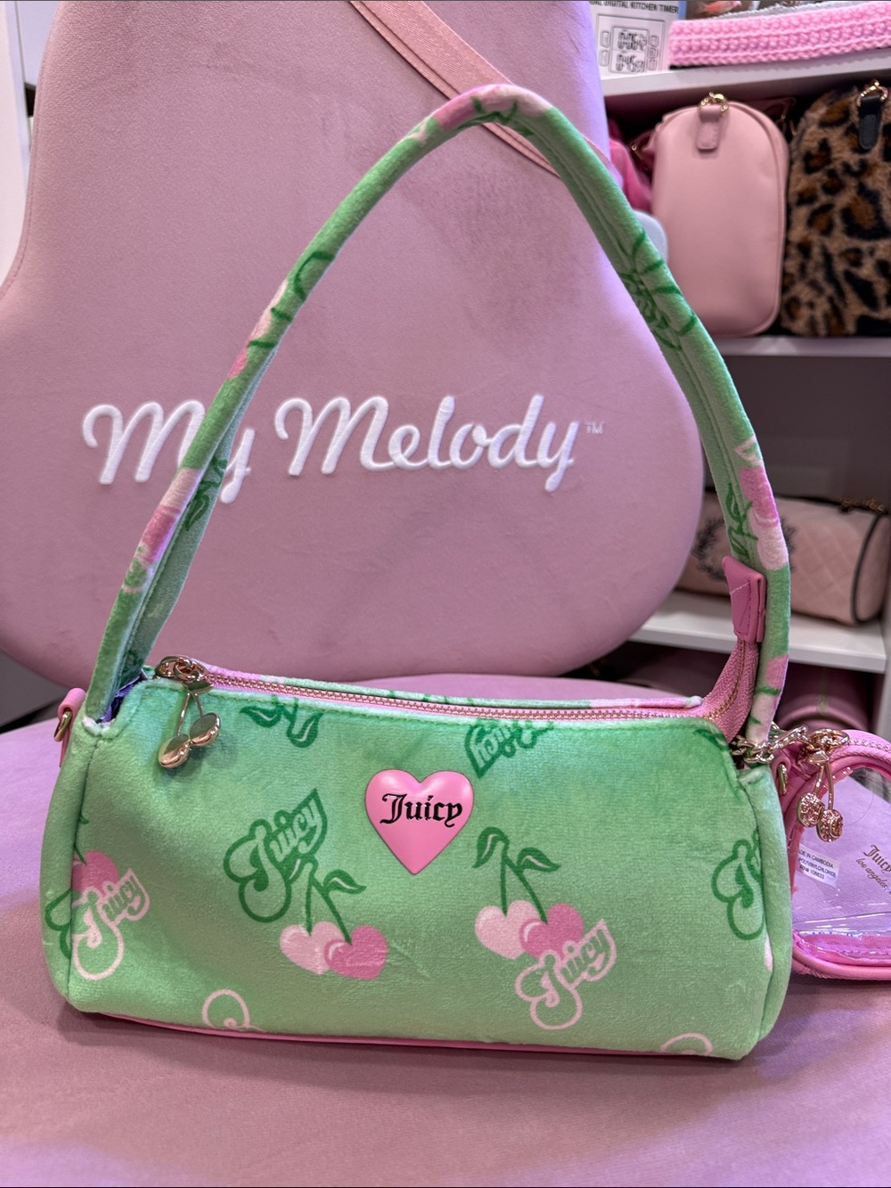 Juicy Couture Green and Pink Cherry Heart Logo Mini Shoulder Bag